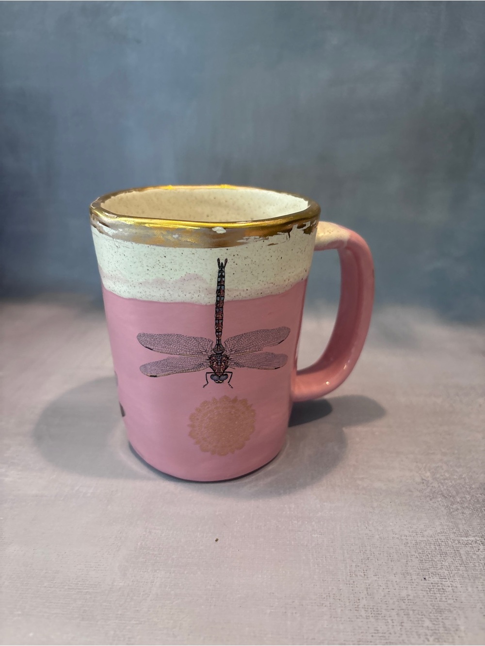 Handmade Pink Dragonfly Ceramic Coffee Mug with Gold Rim
